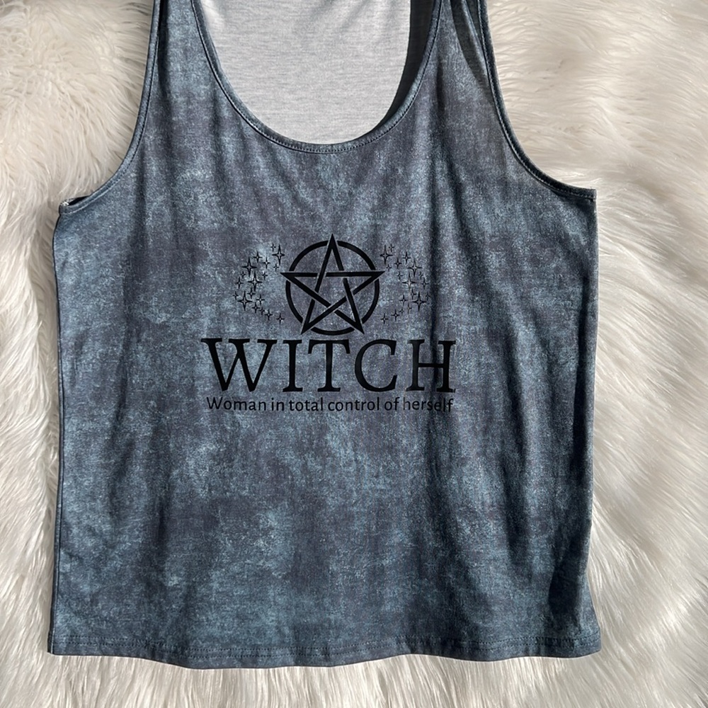 🦄 Blue/Gray Tank Top Size Large WITCH Woman In Total Control of Herself